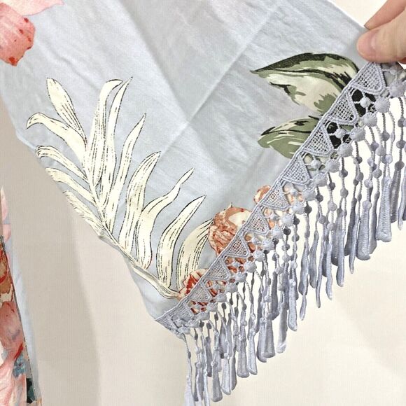 Romantic kimono wrap robe Boho blue pink floral soft cotton lace tassel trim OS - Picture 9 of 11